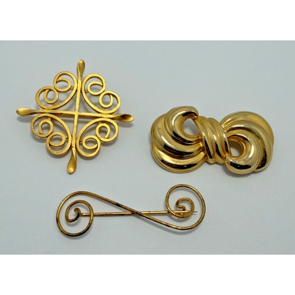 Mixed Gold Tone Pin Lot of 3 Ornate Scrollwork Brooches